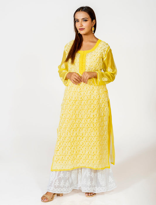 Lucknow Chikan Emporium Skin Friendly Georgette Chikankari Kurti Nice Lamon Green Colour.