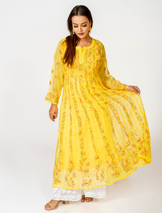 Lucknow Chikan Emporium Hand Embroided Skin Friendly Semi Georgette Chikankari Anarkali Kurti Yellow.