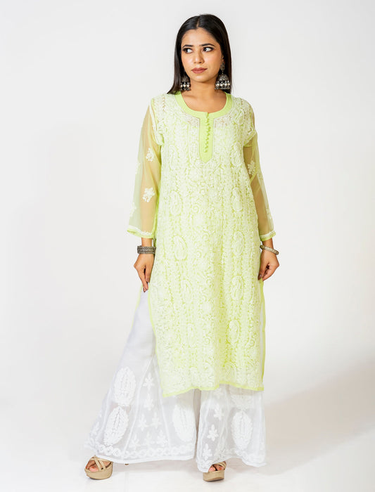 Lucknow Chikan Emporium Hand Embroided Skin Friendly Semi Georgette Chikankari Kurti Lemon Yellow.