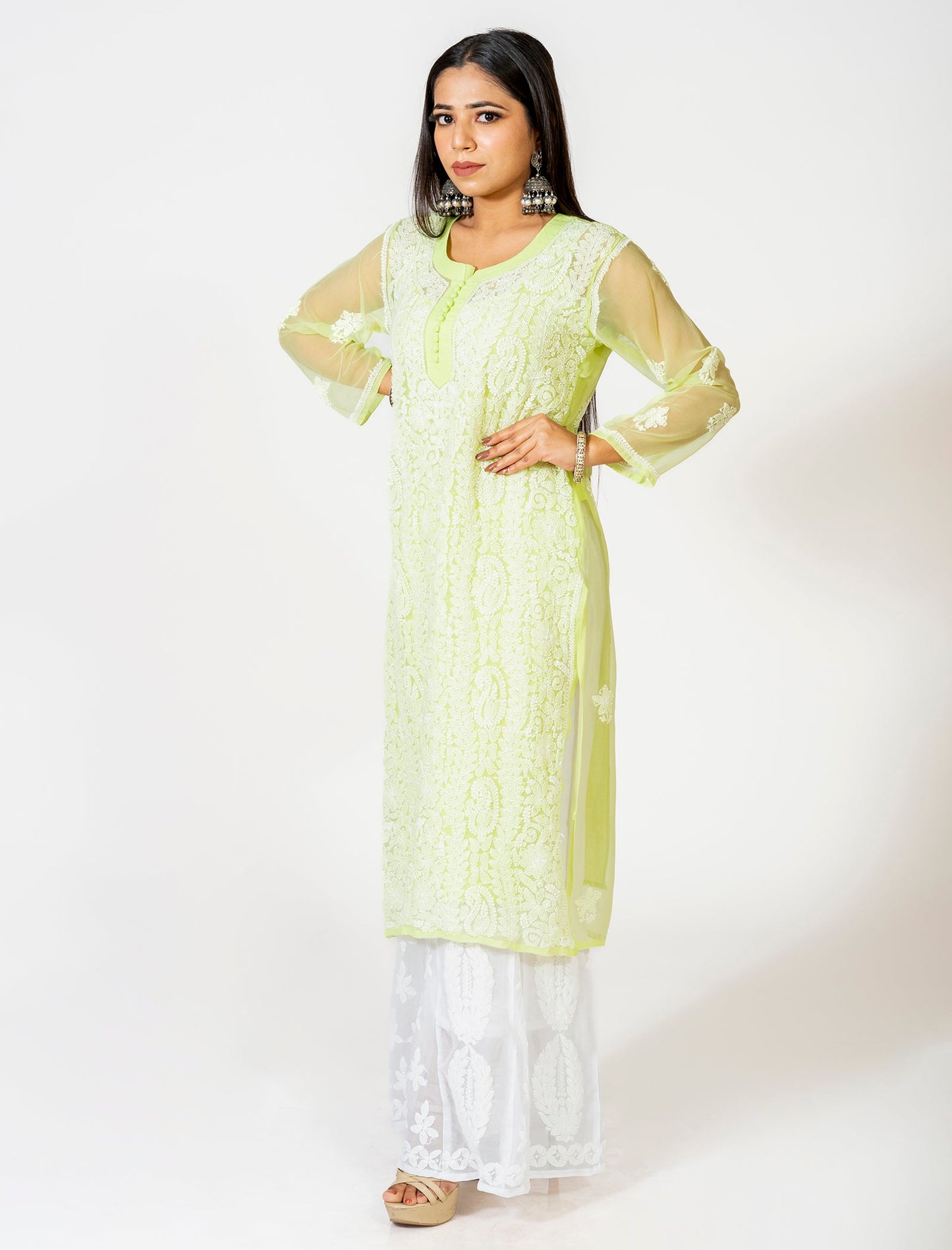 Lucknow Chikan Emporium Hand Embroided Skin Friendly Semi Georgette Chikankari Kurti Lemon Yellow.