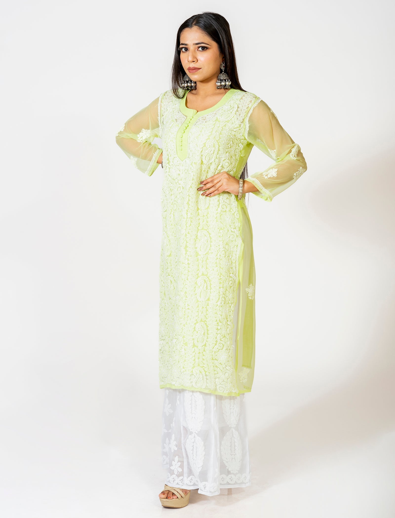 Lucknow Chikan Emporium Hand Embroided Skin Friendly Semi Georgette Chikankari Kurti Lemon Yellow.