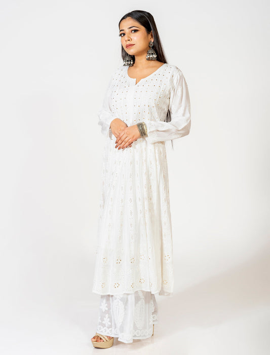 Lucknow Chikan Emporium Hand Embroided Skin Friendly Semi Georgette Chikankari Anarkali Kurti White.