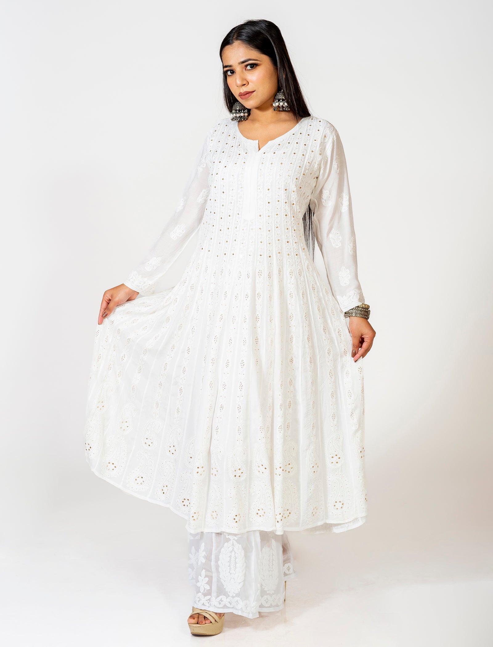 Lucknow Chikan Emporium Hand Embroided Skin Friendly Semi Georgette Chikankari Anarkali Kurti White.