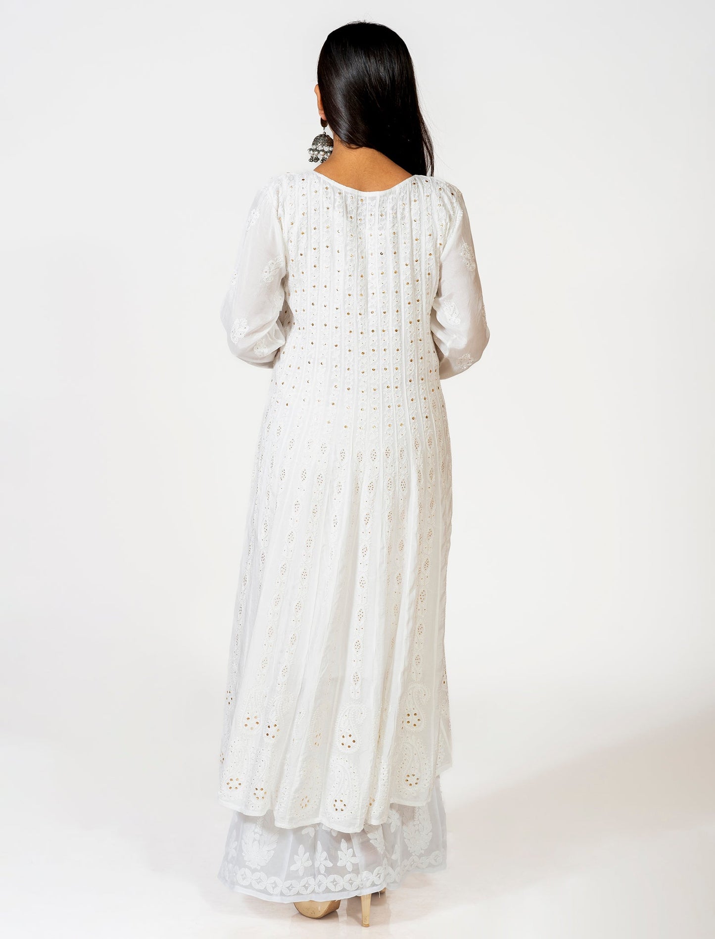 Lucknow Chikan Emporium Hand Embroided Skin Friendly Semi Georgette Chikankari Anarkali Kurti White.