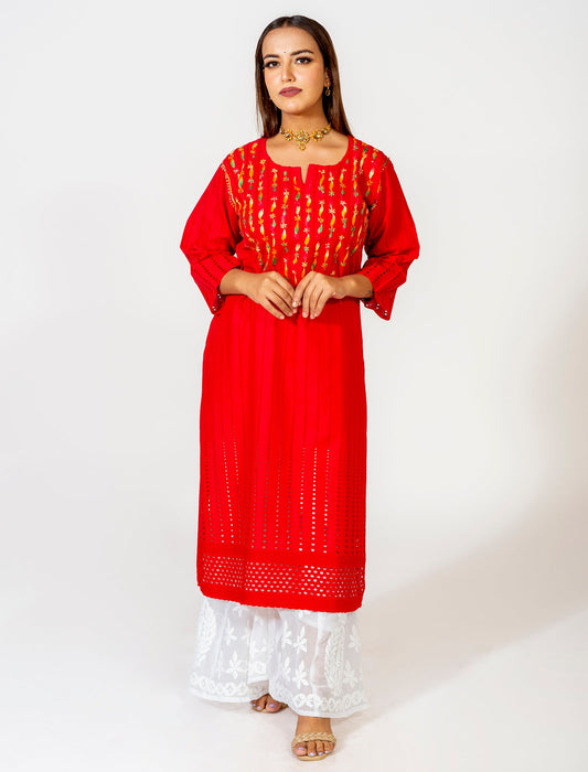 Lucknow Chikan Emporium Hand Embroided Skin Friendly Cotton Chikankari Red Kurti.