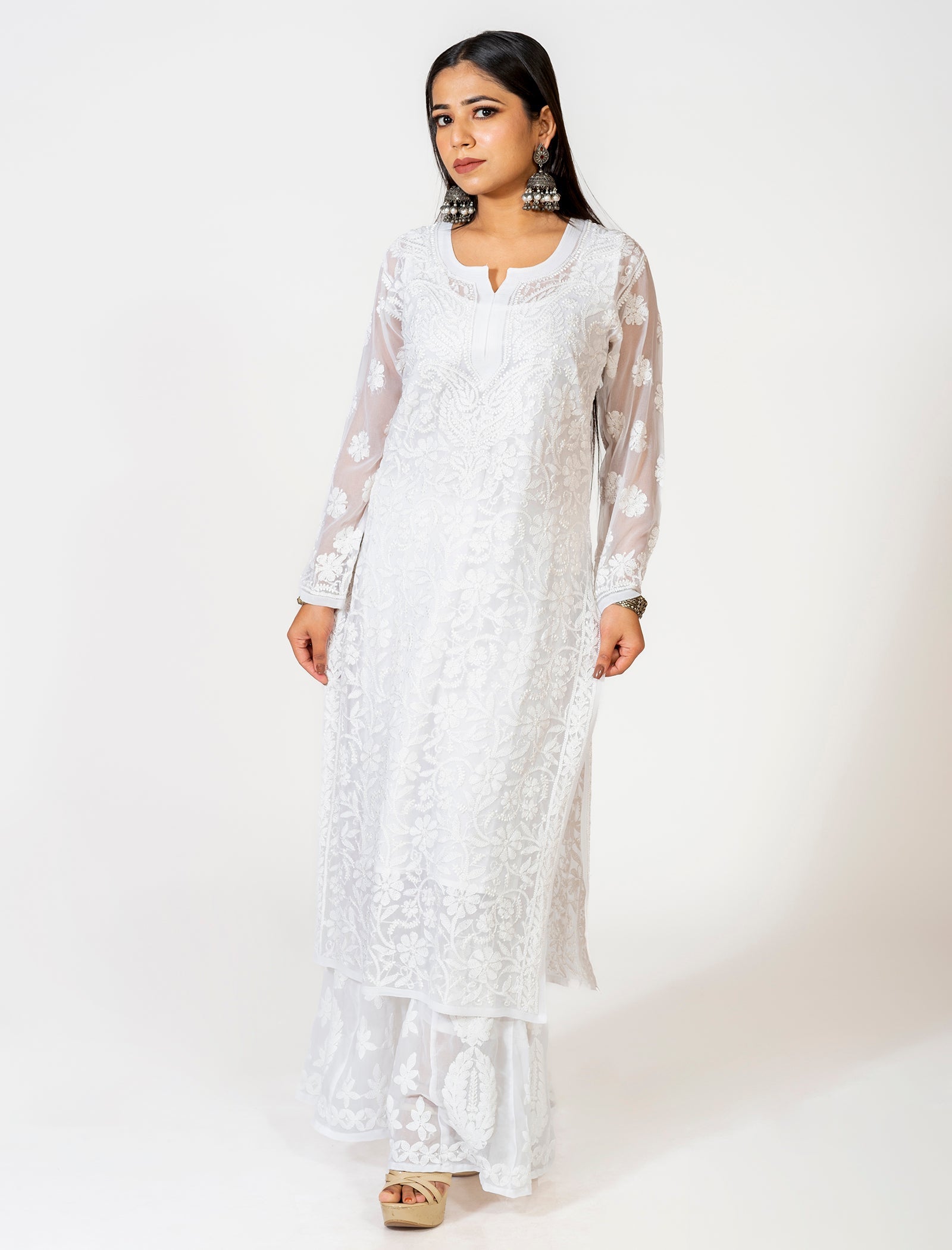 Lucknow Chikan Emporium Hand Embroided Skin Friendly Semi Georgette Chikankari Kurti White.