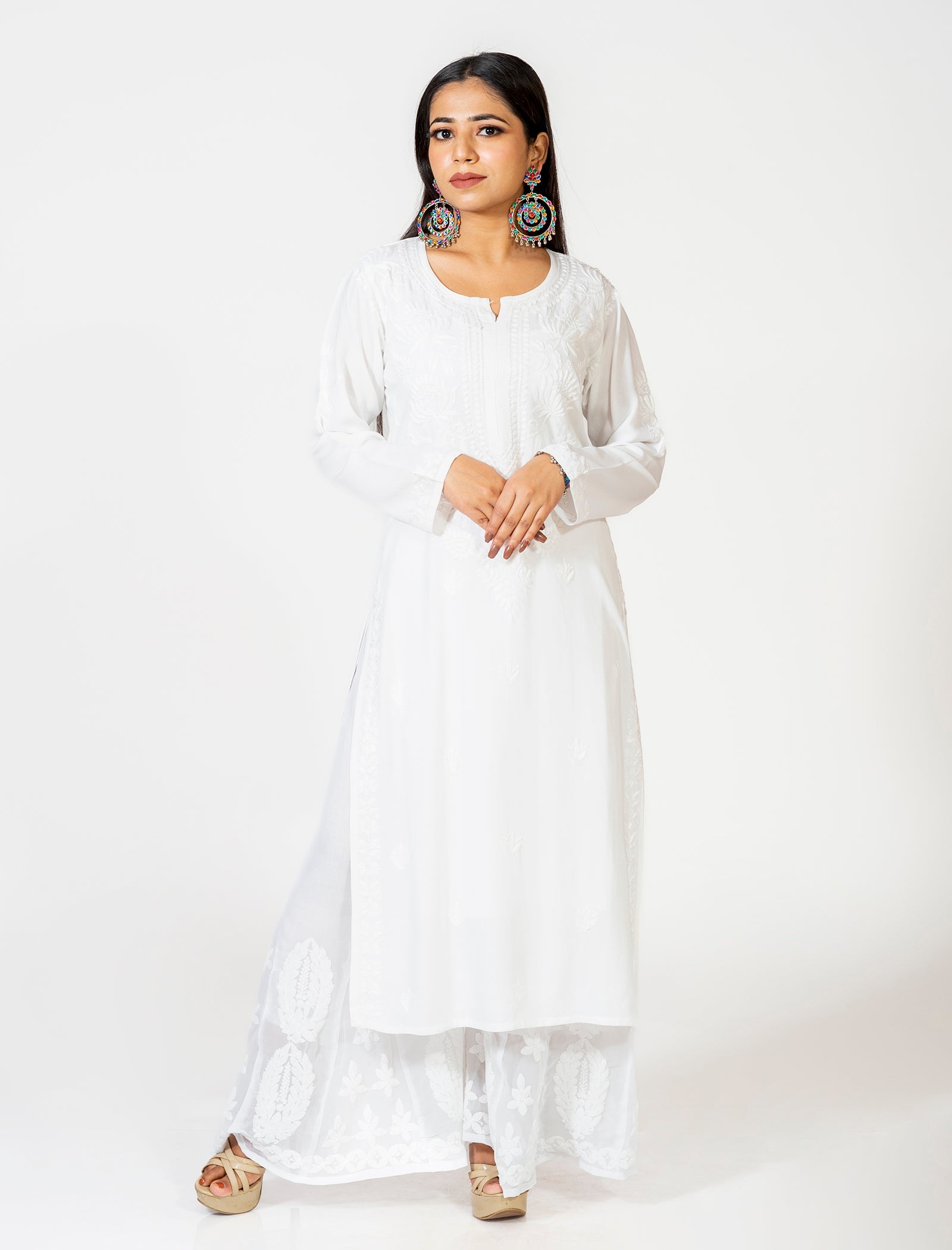 Lucknow Chikan Emporium Super Soft Fine Rayon Chikankari Kurti White Colour.