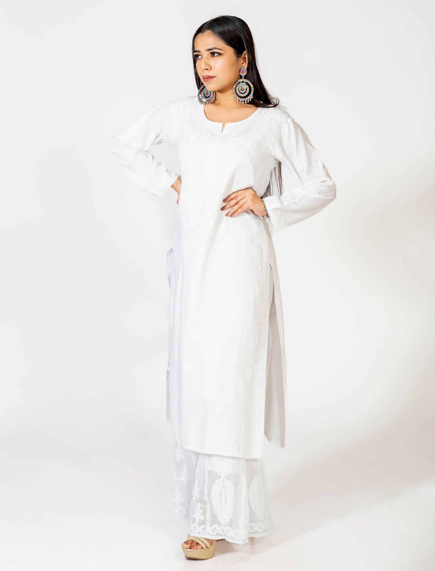 Lucknow Chikan Emporium Super Soft Fine Rayon Chikankari Kurti White Colour.