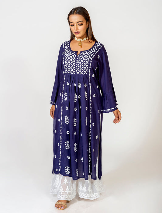 Lucknow Chikan Emporium Skin Friendly Georgette Chikankari Kurti Nice Dark Blue Colour.