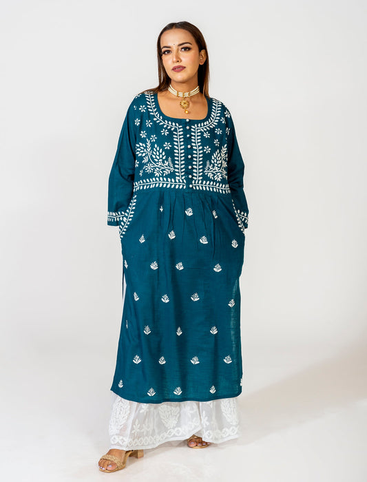 Lucknow Chikan Emporium Hand Embroided Skin Friendly Cotton Chikankari Kurti Greenish.