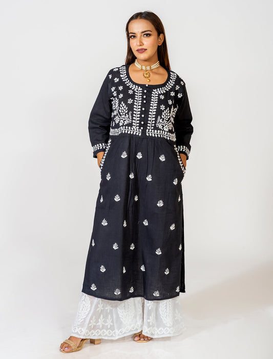 Lucknow Chikan Emporium Hand Embroided Skin Friendly Cotton Chikankari Kurti Black.
