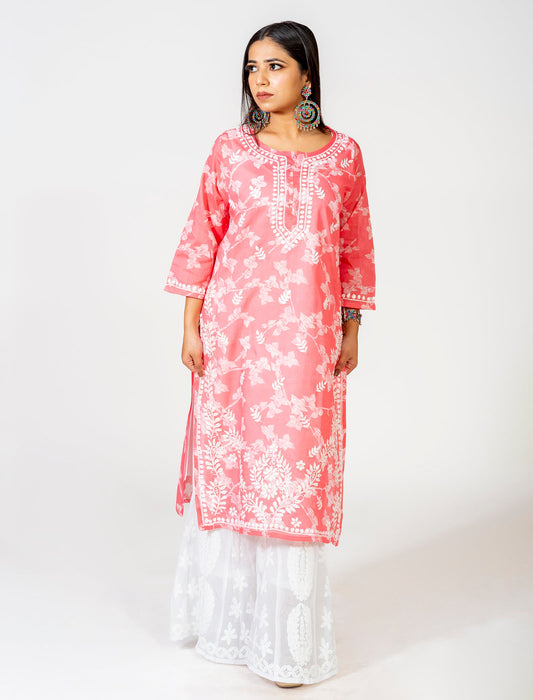 Lucknow Chikan Emporium Hand Embroided Skin Friendly Cotton Chikankari Peach Kurti.