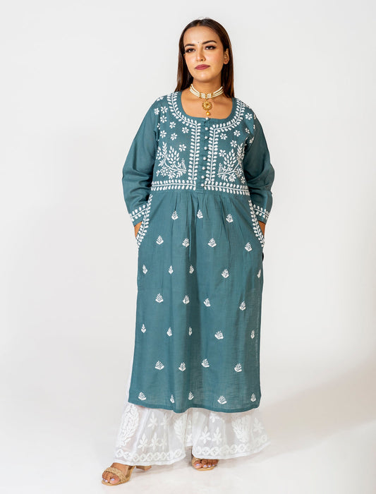 Lucknow Chikan Emporium Hand Embroided Skin Friendly Cotton Chikankari Kurti Rusty Dark Green.