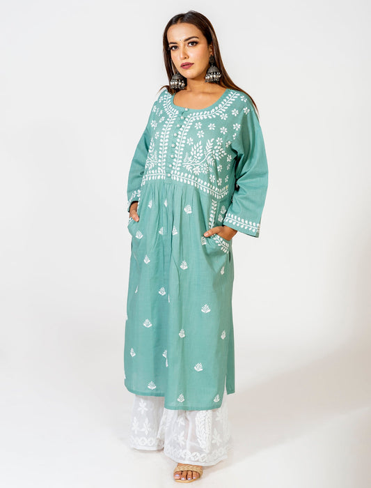 Lucknow Chikan Emporium Hand Embroided Skin Friendly Cotton Chikankari Kurti Rusty Green.