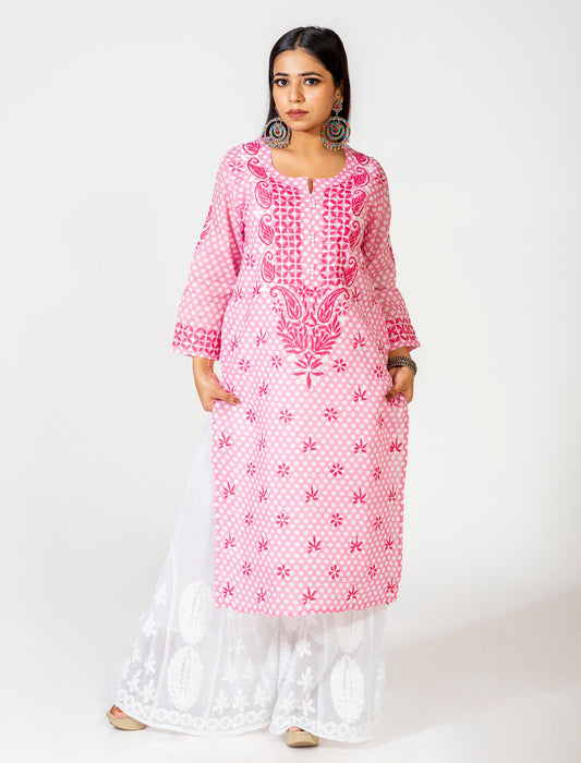 Lucknow Chikan Emporium Hand Embroided Skin Friendly Cotton Chikankari Pink Kurti.