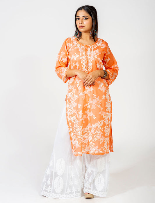 Lucknow Chikan Emporium Hand Embroided Skin Friendly Cotton Chikankari Orange Kurti.