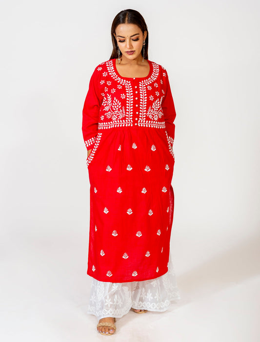 Lucknow Chikan Emporium Hand Embroided Skin Friendly Cotton Chikankari Kurti Rusty Re.