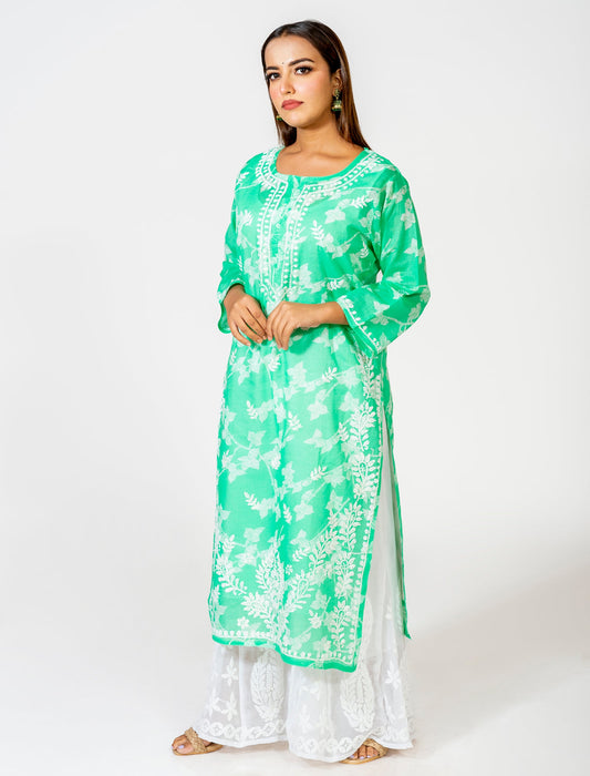 Lucknow Chikan Emporium Hand Embroided Skin Friendly Cotton Chikankari Green Kurti.