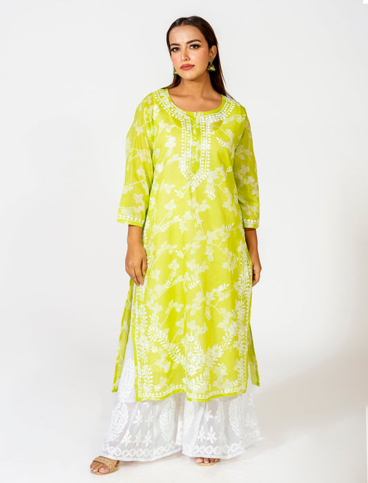 Lucknow Chikan Emporium Hand Embroided Skin Friendly Cotton Chikankari Leaf Green Kurti.