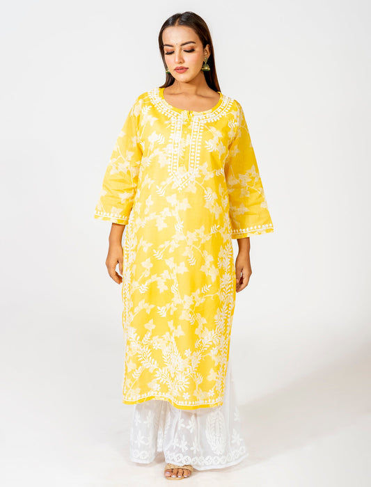 Lucknow Chikan Emporium Hand Embroided Skin Friendly Cotton Chikankari Yellow Kurti.