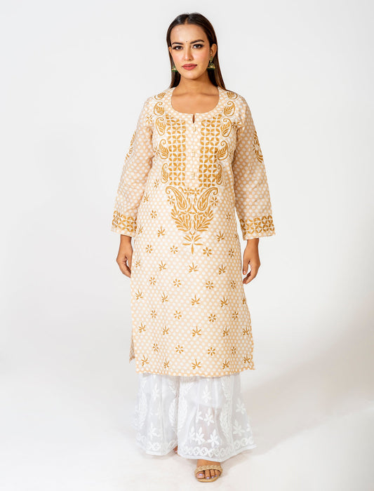 Lucknow Chikan Emporium Hand Embroided Skin Friendly Cotton Chikankari Fawn Kurti.