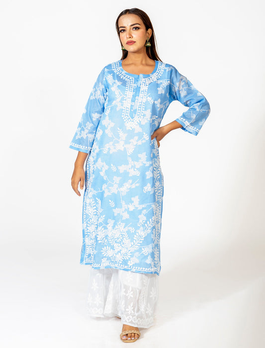 Lucknow Chikan Emporium Hand Embroided Skin Friendly Cotton Chikankari Purple Kurti.