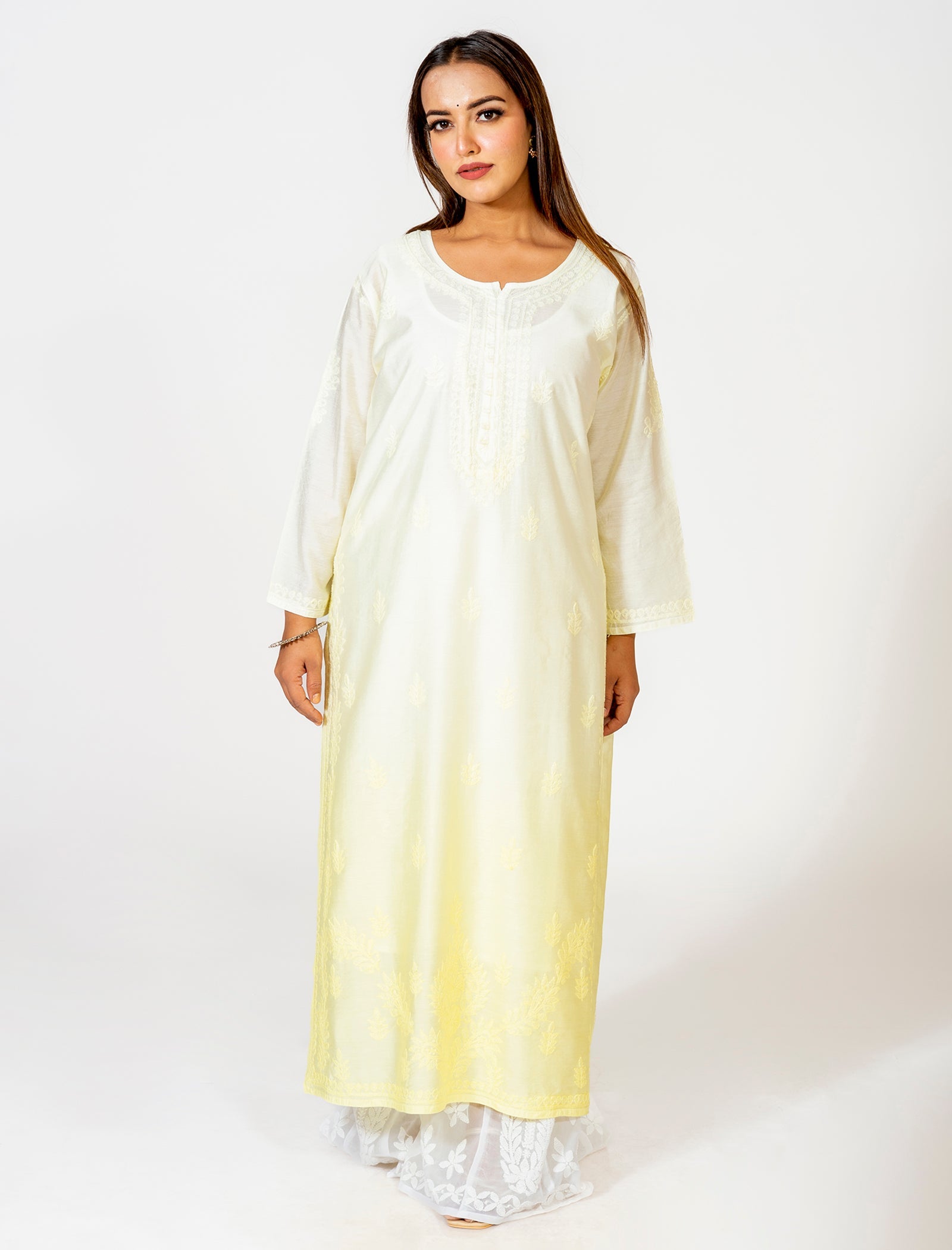 Lucknow Chikan Emporium Hand Embroided Skin Friendly Chanderi Shado Luppi Chikankari Kurti Light Yellow.