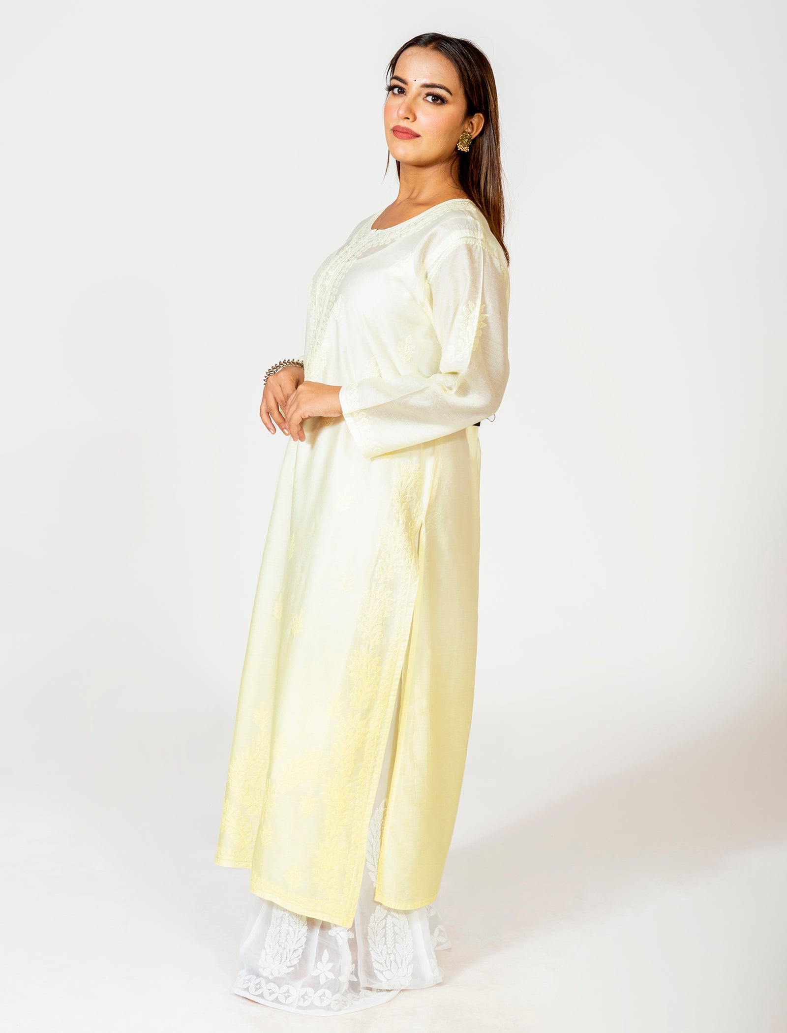 Lucknow Chikan Emporium Hand Embroided Skin Friendly Chanderi Shado Luppi Chikankari Kurti Light Yellow.