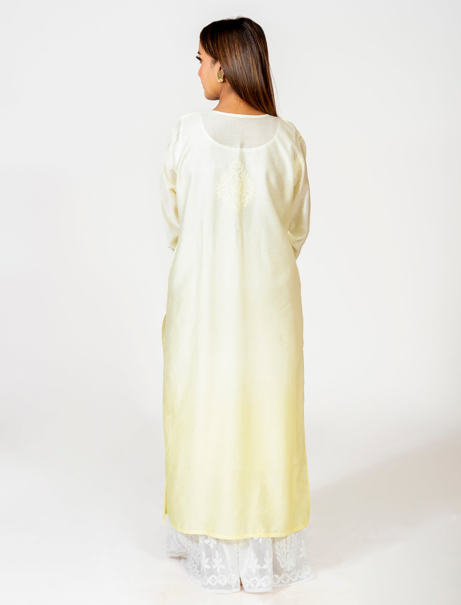 Lucknow Chikan Emporium Hand Embroided Skin Friendly Chanderi Shado Luppi Chikankari Kurti Light Yellow.