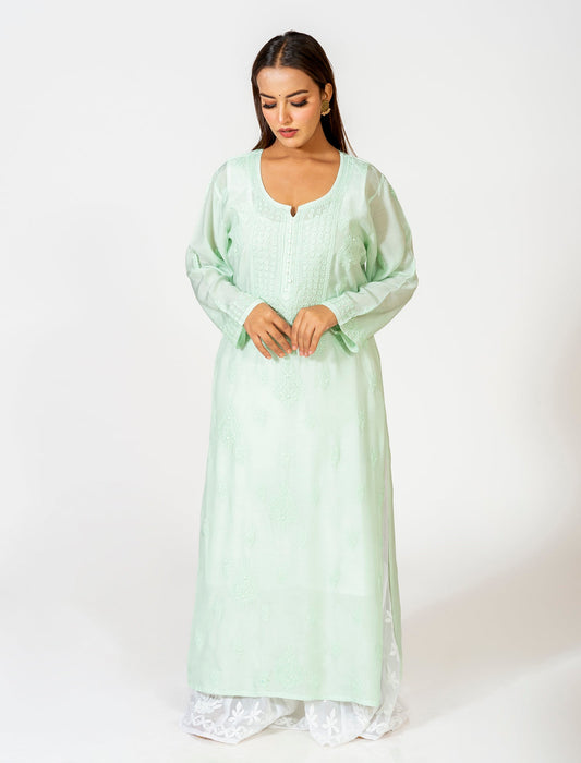 Lucknow Chikan Emporium Hand Embroided Skin Friendly Keel/Kangan Masleen Shado Chikankari Kurti Light Green.