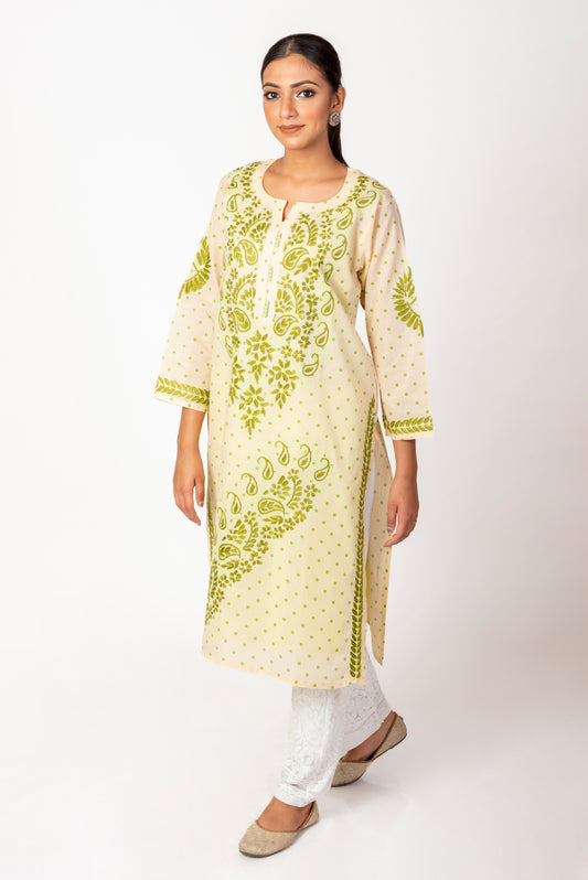 Nice Polka Dot Print Light Shade Fawn Colour Cotton Long Top Lucknow Chikan Emporium No reviews