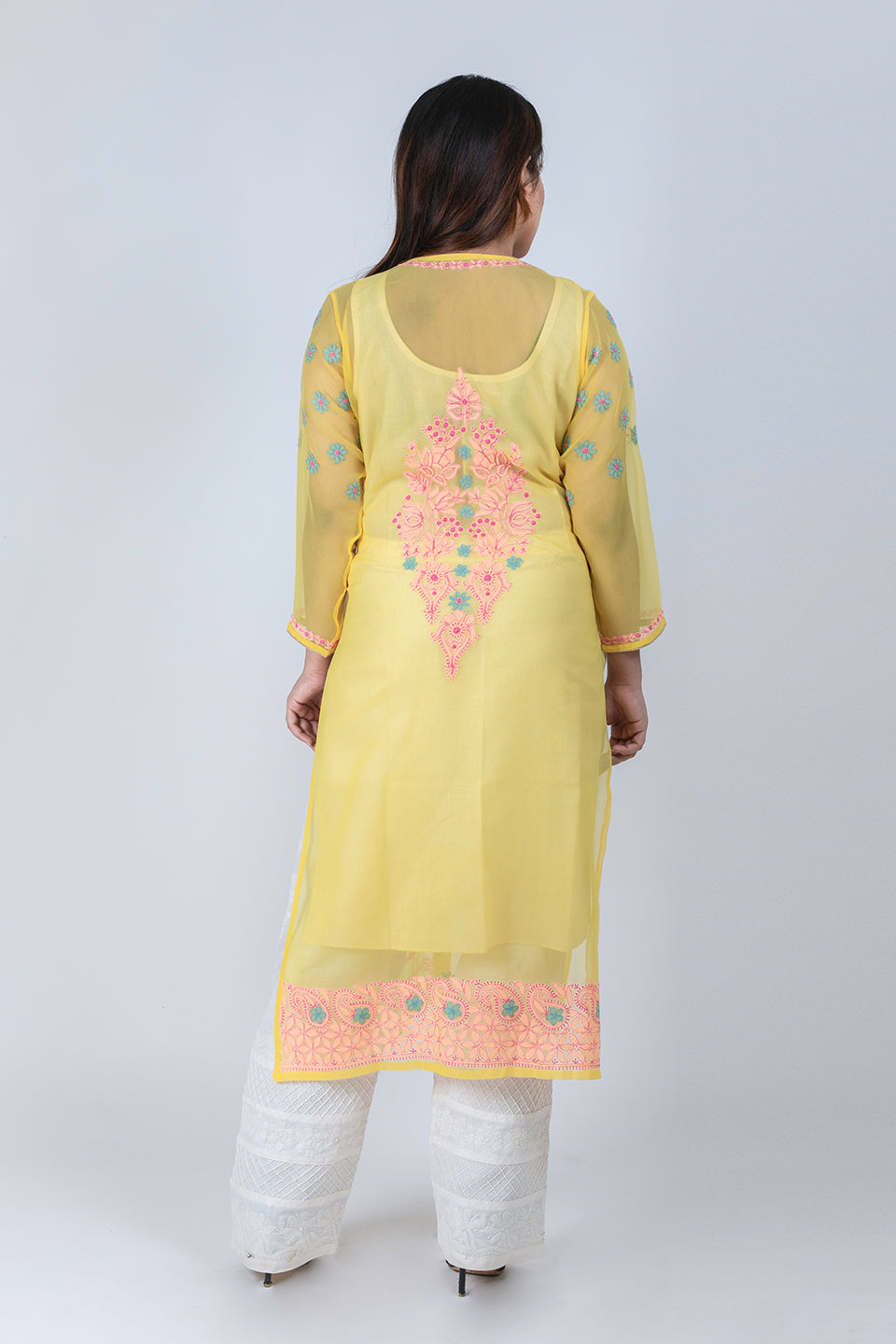 Lucknow Chikan Emporium Hand Chikankari Semi  Georgette Kurti (Bright Yellow Color)