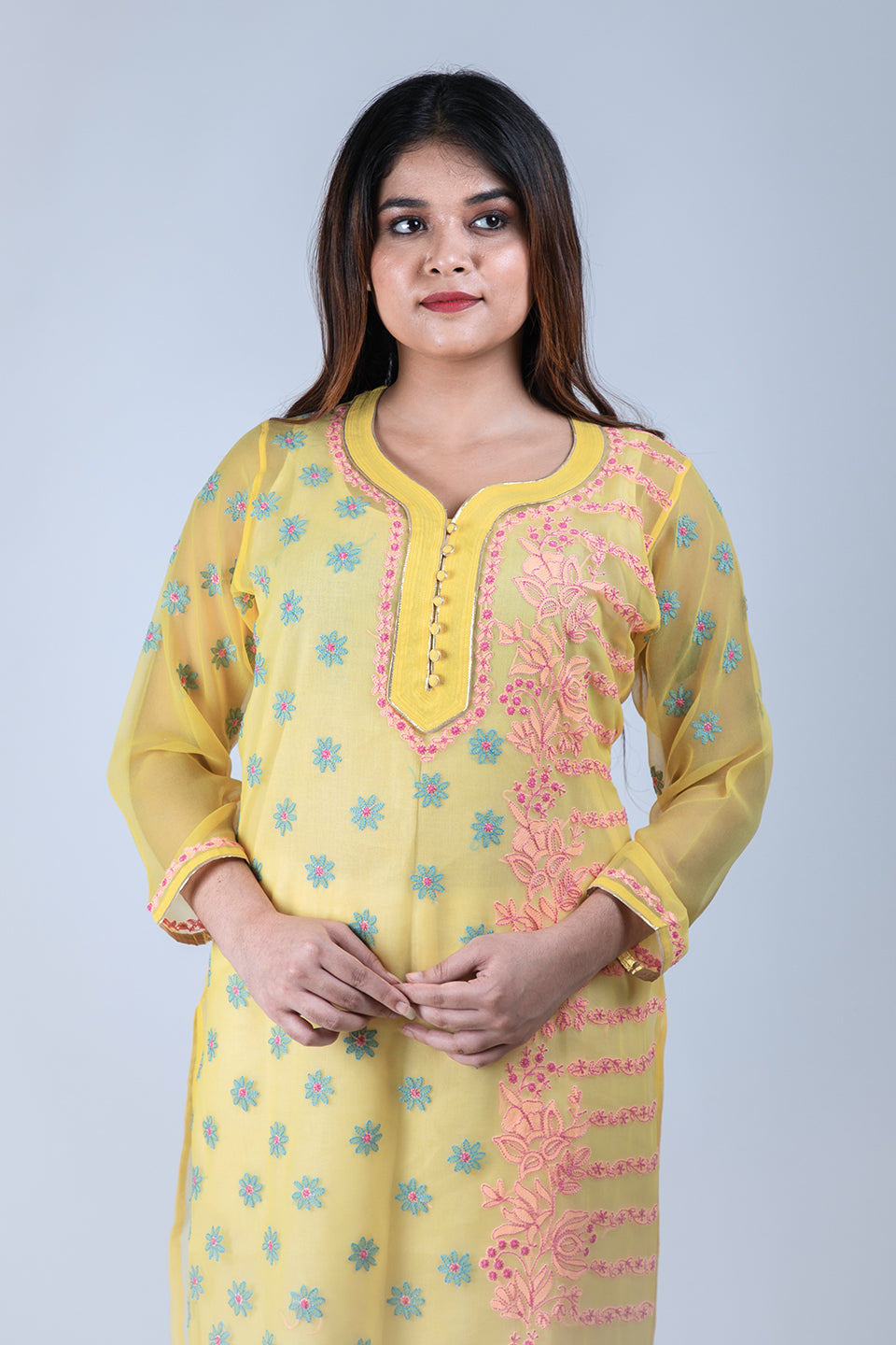 Lucknow Chikan Emporium Hand Chikankari Semi  Georgette Kurti (Bright Yellow Color)