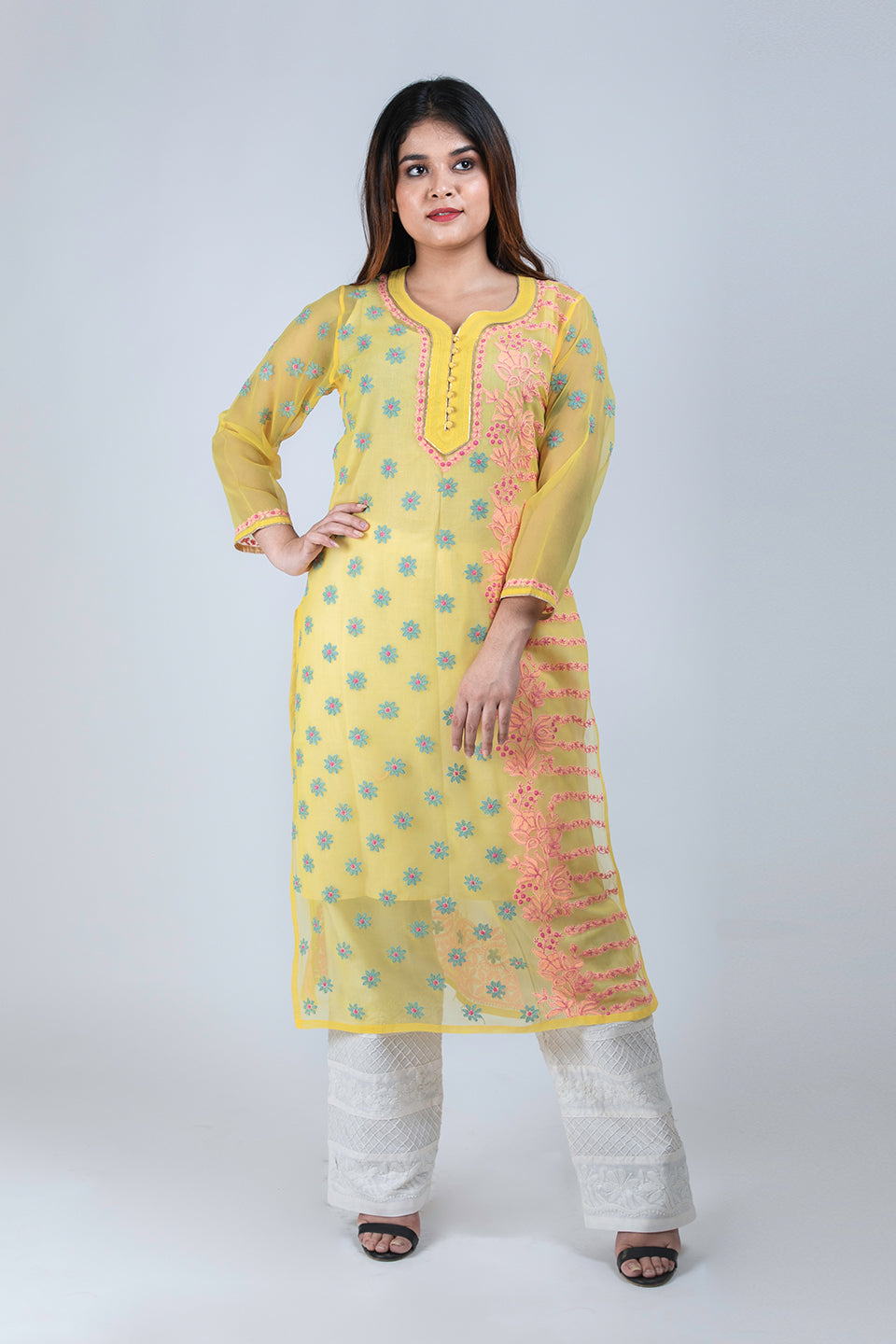 Lucknow Chikan Emporium Hand Chikankari Semi  Georgette Kurti (Bright Yellow Color)