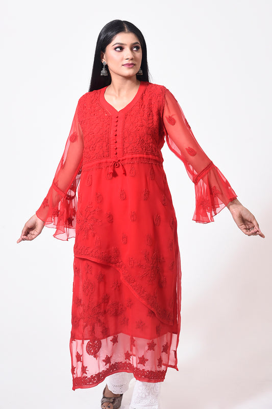 Nice red women Kurti Hand Chikankari Semi Georgette Lucknow Chikan Emporium.