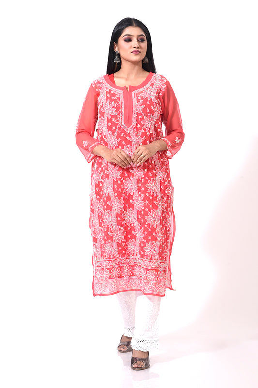 Nice dark  carrot pink women Kurti Hand Chikankari Semi Georgette Lucknow Chikan Emporium.