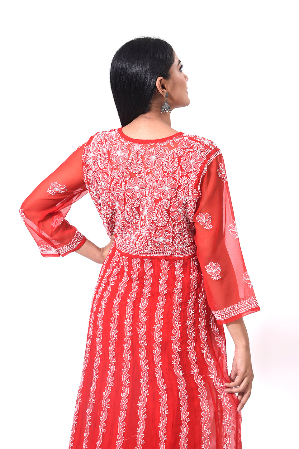 Lucknow Chikan Emporium Hand Chikankari Semi Georgette nice red women Kurti
