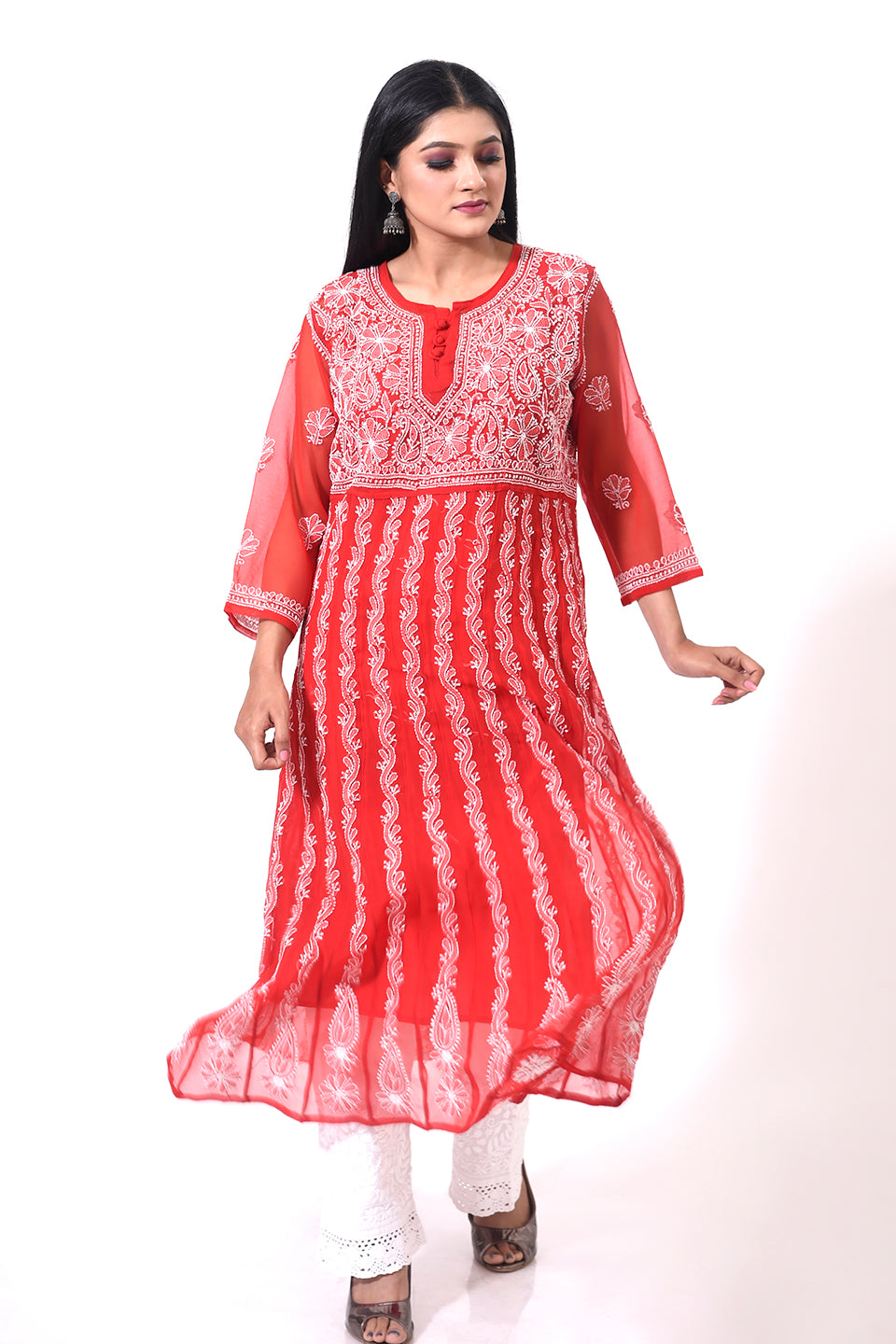 Lucknow Chikan Emporium Hand Chikankari Semi Georgette nice red women Kurti