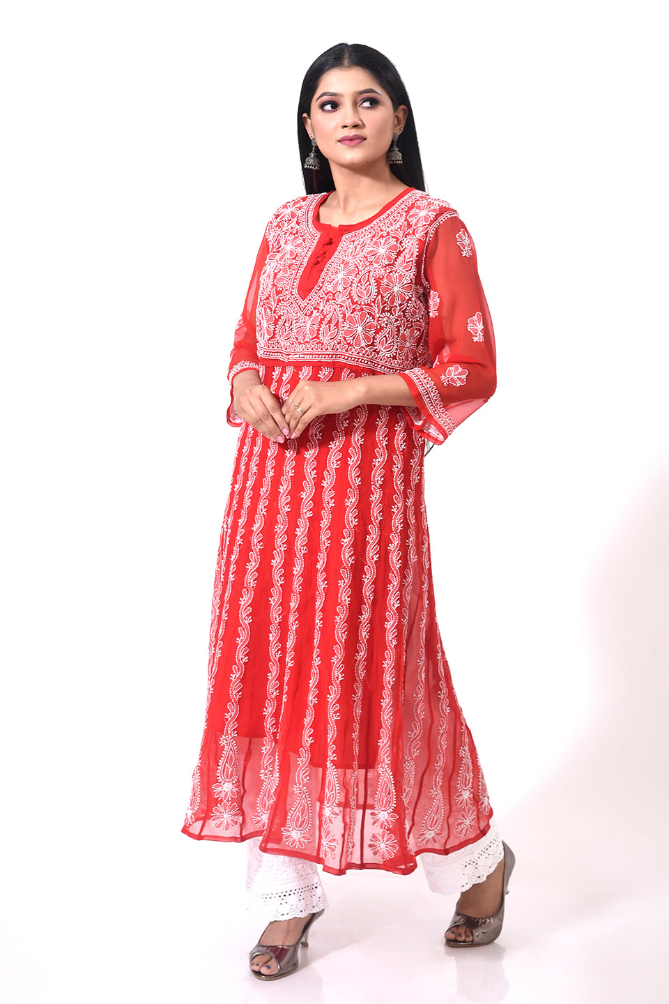 Lucknow Chikan Emporium Hand Chikankari Semi Georgette nice red women Kurti
