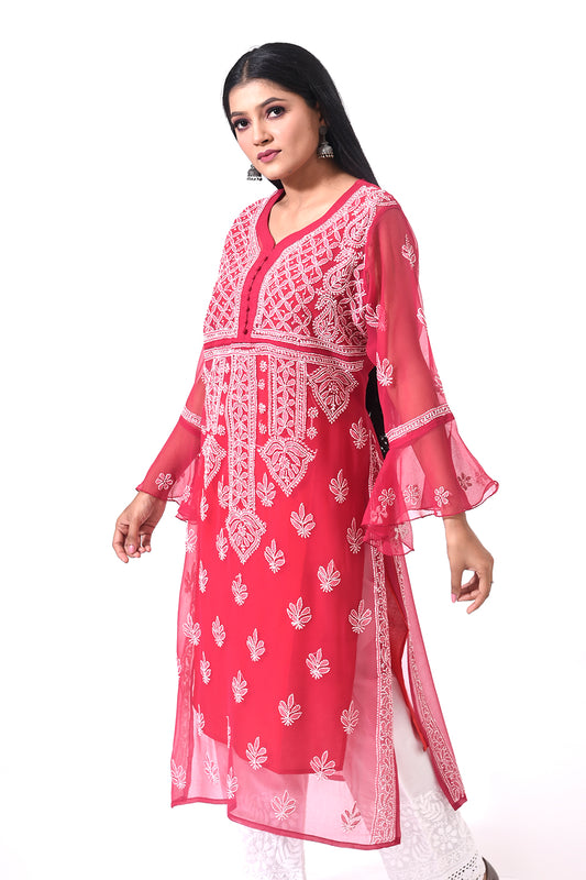 Lucknow Chikan Emporium Hand Chikankari Semi Georgette nice magenta  women Kurti