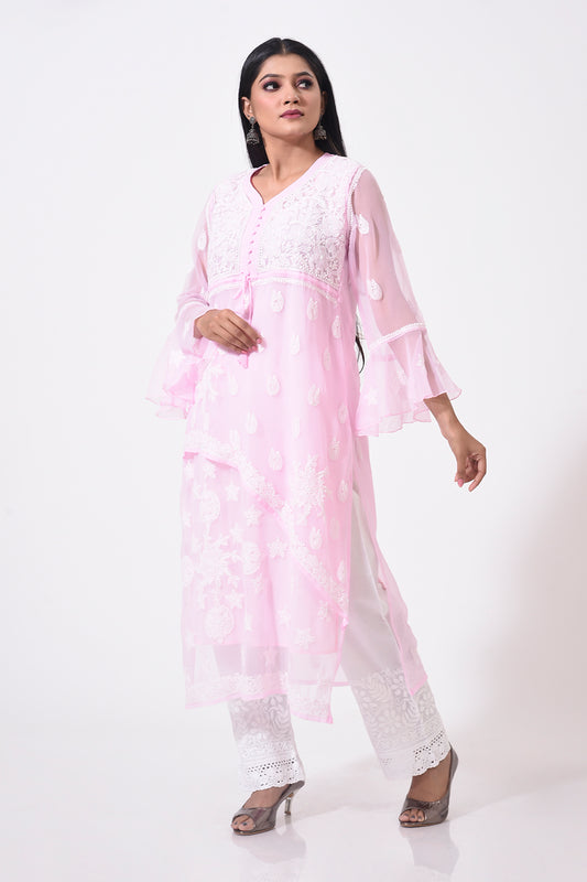 Nice pink Hand Chikankari Semi Georgette women Kurti Lucknow Chikan Emporium.