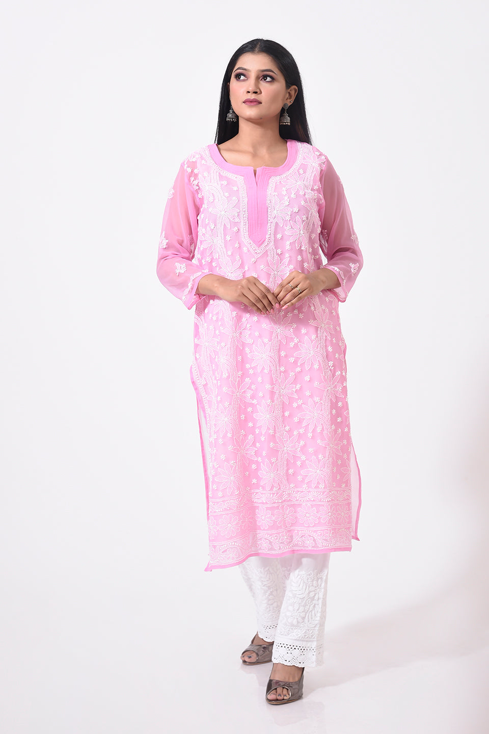 Nice light pink women Kurti Hand Chikankari Semi Georgette Lucknow Chikan Emporium.