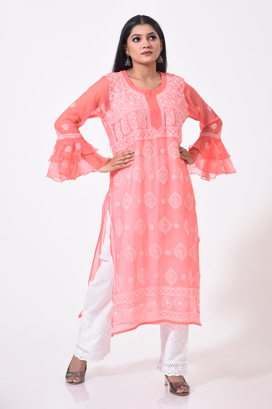 Nice carrot pink women Kurti Hand Chikankari Semi Georgette Lucknow Chikan Emporium.