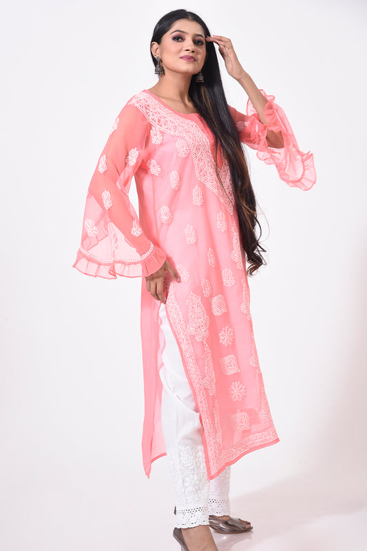 Nice carrot pink women Kurti Hand Chikankari Semi Georgette Lucknow Chikan Emporium.