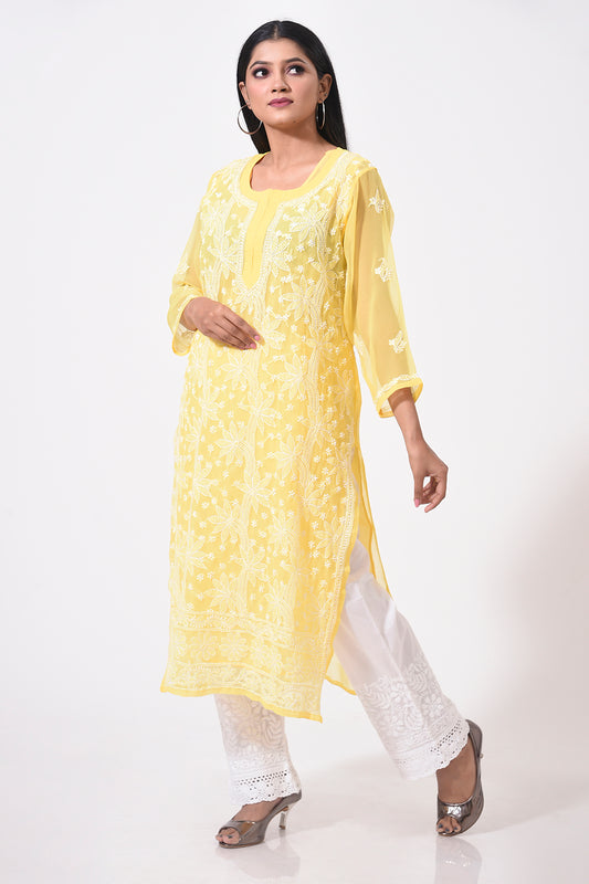 Nice bright yellow Hand Chikankari Semi Georgette women Kurti Lucknow Chikan Emporium.