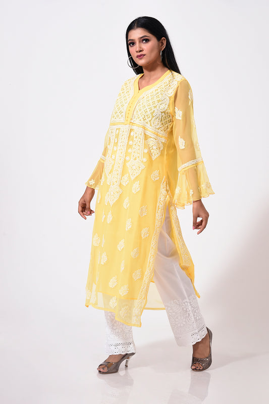 Nice yellow women Kurti Hand Chikankari Semi Georgette Lucknow Chikan Emporium.