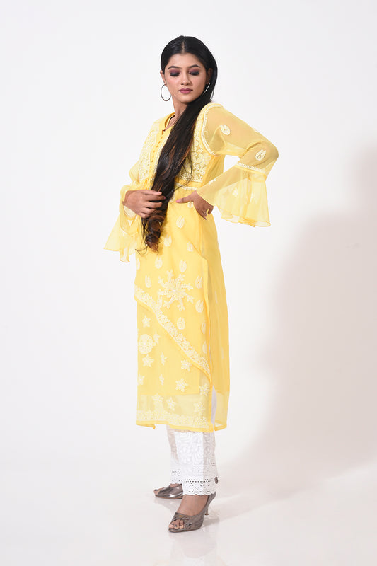 Nice yellow women Kurti Hand Chikankari Semi Georgette Lucknow Chikan Emporium.