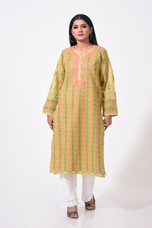 Hand  embroided  kota cotton women kurti nice mehndi green colour