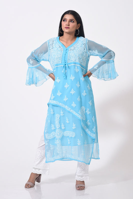 Nice blue women Kurti Hand Chikankari Semi Georgette Lucknow Chikan Emporium.