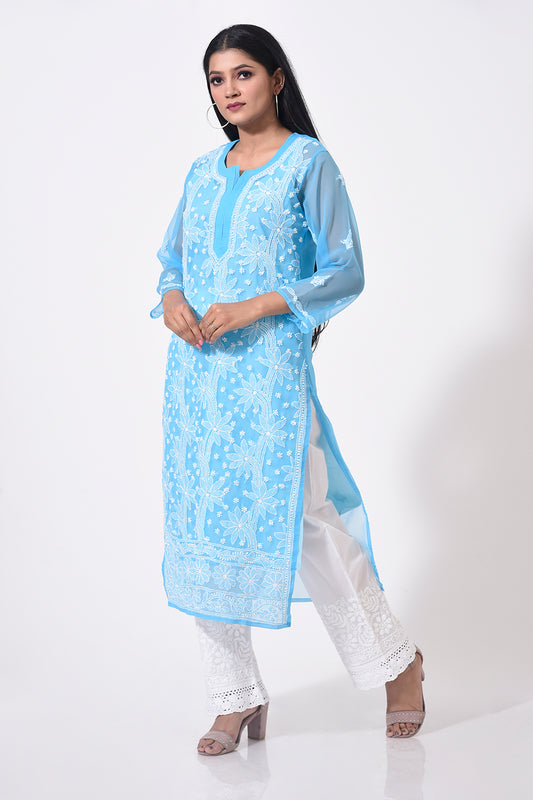 Nice sky blue women Kurti Hand Chikankari Semi Georgette Lucknow Chikan Emporium.